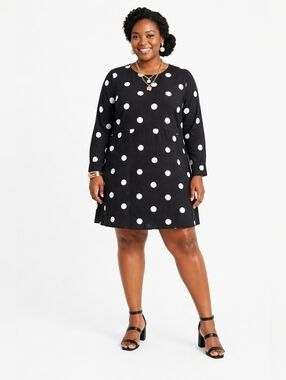 H & M Plus Size Polka Dot Long Sleeve A-Line Dress - Black/White Size 26